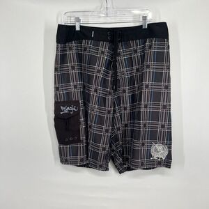 Pelagic Hybrid Shorts Mens 36 Fishing Black Plaid Swimming Trunks Pockets Board